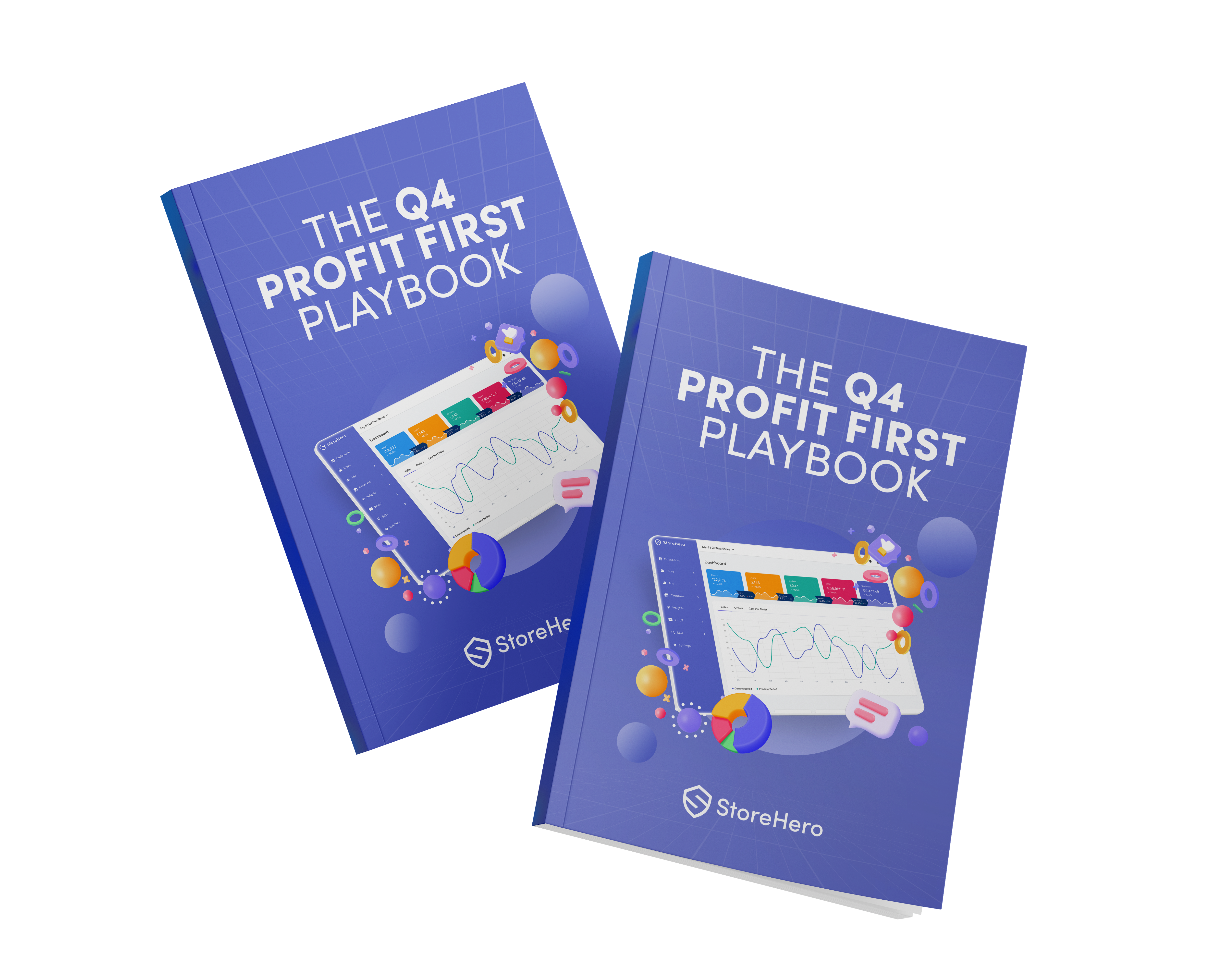 Cover of 'The Q4 Profit First Playbook' by StoreHero, featuring a dashboard with charts and metrics highlighting profit strategies.