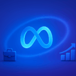 Digital illustration of Meta’s glowing infinity logo in the center, surrounded by a subtle cosmic ring. On the left is a blue briefcase symbolizing business, and on the right is a rising bar chart with an upward arrow symbolizing growth, all against a deep blue backdrop.