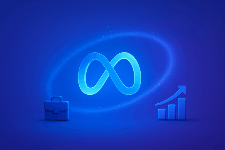 Digital illustration of Meta’s glowing infinity logo in the center, surrounded by a subtle cosmic ring. On the left is a blue briefcase symbolizing business, and on the right is a rising bar chart with an upward arrow symbolizing growth, all against a deep blue backdrop.