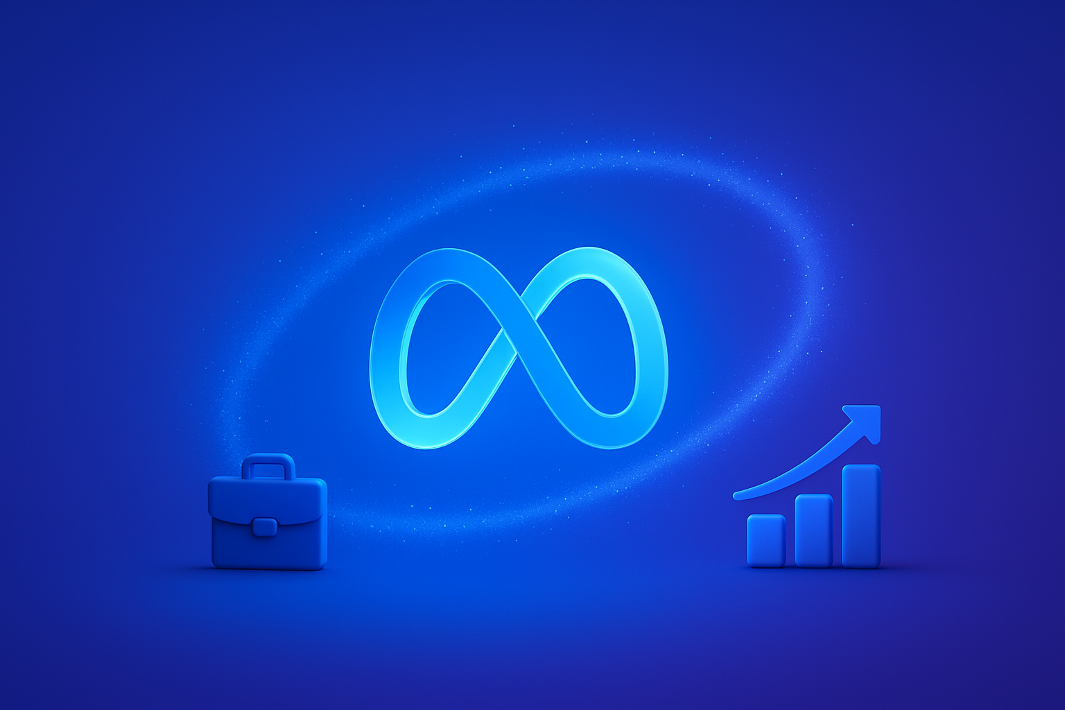 Digital illustration of Meta’s glowing infinity logo in the center, surrounded by a subtle cosmic ring. On the left is a blue briefcase symbolizing business, and on the right is a rising bar chart with an upward arrow symbolizing growth, all against a deep blue backdrop.